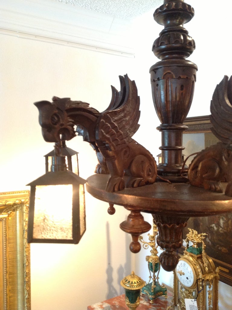 Beautiful Black Forest Chandelier with Dragons & Slag Glass Shades, newly wired, original restored condition. 

Originally $ 3,500.00

The Black Forest (German: Schwarzwald) is a wooded mountain range in Baden-Württemberg, southwestern Germany