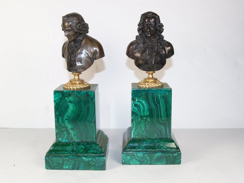Pair of Bronze Portrait Busts/France. One bust depicting Voltaire, the other Rousseau, each mounted on a Gilt Bronze Socle, Set on a Malachite Venerred Pedestal base, Original restored condition,

Originally $ 8,200.00

PLEASE VISIT OUR SITE FOR