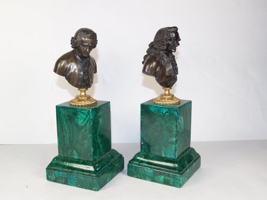 French Pair of Sculpture Bronze Portrait Busts with Malachite, 19th Century