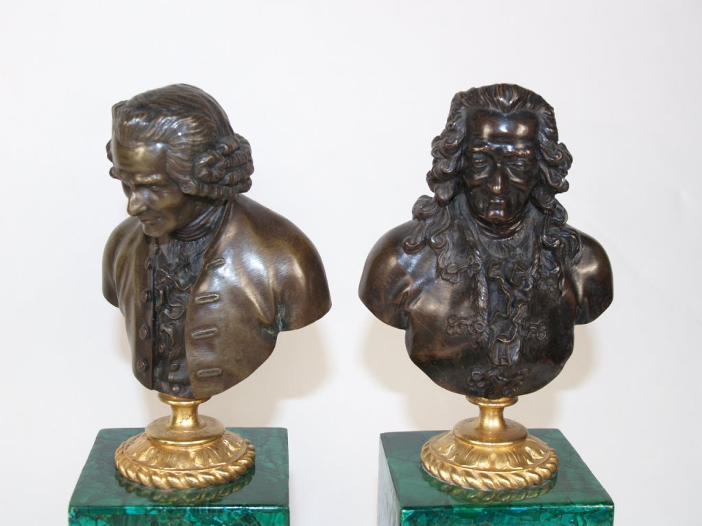 18th Century and Earlier Pair of Sculpture Bronze Portrait Busts with Malachite, 19th Century