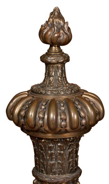 Huge Pair French Bronze Andirons, Ornate w/ Urn & Flame Finials, 19th Century In Good Condition For Sale In West Palm Beach, FL
