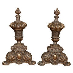 Huge Pair French Bronze Andirons, Ornate w/ Urn & Flame Finials, 19th Century