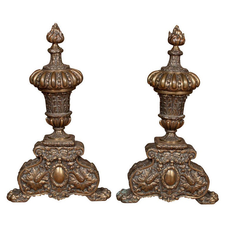Huge Pair French Bronze Andirons, Ornate w/ Urn & Flame Finials, 19th Century For Sale