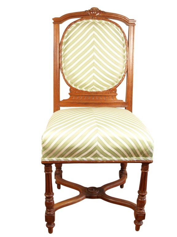 Set of six French Louis XVI style side chairs, walnut, original restored finish, newly upholstered.

Originally $ 8,400.00.

   