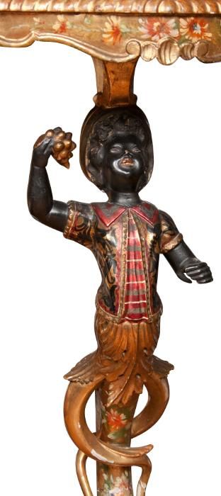 A Venetian hand-painted pedestal table or stand with a black-a-moor column supporting a platform decorated with a scene of Venice ending on a tripod base original restored finish