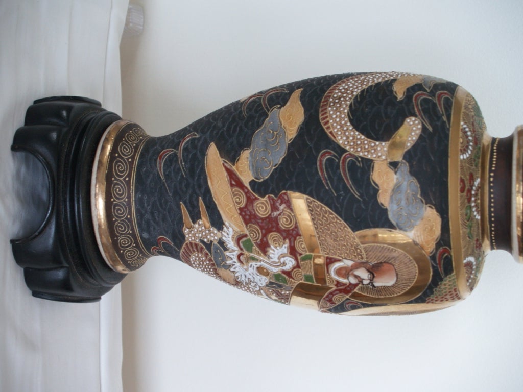 Japanese Porcelain Satsuma Vase as Lamp on Teak Base, Circa 1900