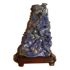 Chinese Sculpture Lapis Lazuli of Two Dragons with Ball on Stand, 19th Century