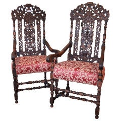 Pair of Heavily, Ornately Carved WalnutThrone  Arm Chairs, 19th Century