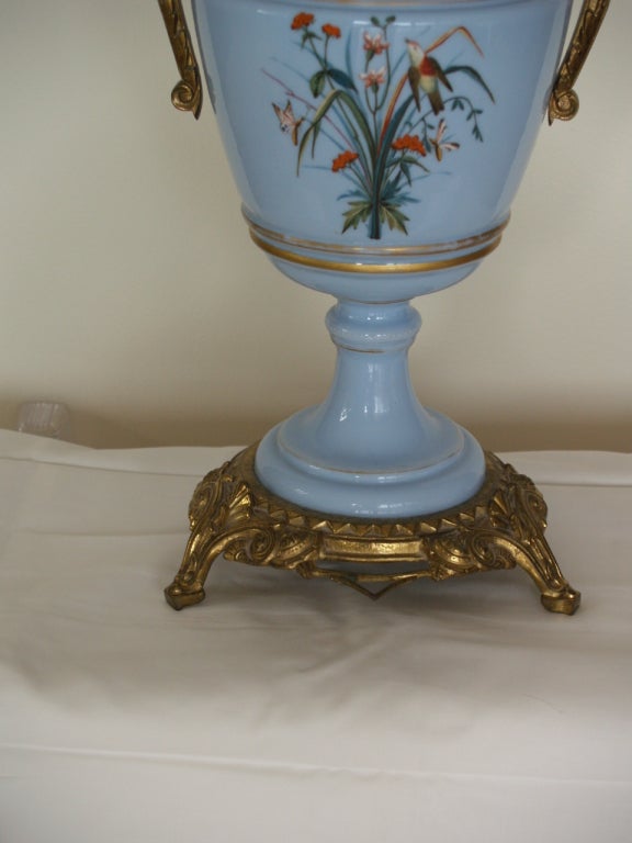 Blue Opaline Vase, Lamp, Hand Decorated With flowers, 19th century