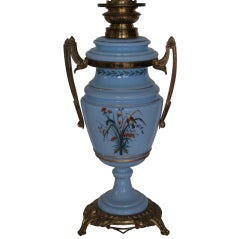 Blue Opaline Vase, Lamp, Hand Decorated With flowers, 19th century