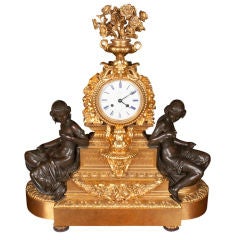 Huge Palace Mantel Clock, Ormolu & Patined Bronze, 29"H, 19th Century