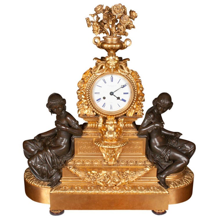 Huge Palace Mantel Clock, Ormolu & Patined Bronze, 29"H, 19th Century For Sale