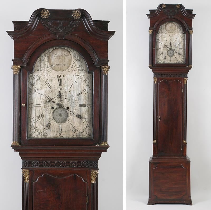 Tall case, grandfather’s clock, Geo III, mahogany carved, tin dial with etched floral decoration and mythical animals marked WM Vale, Birmingham. Broken arch Bonnet over a long case with panel door flanked by engaged reeded Corinthian columns with