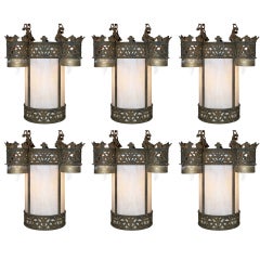 Set of Six, 6, Bronze Chandeliers w/ Slag Glass, Sold Separately, Circa 1900