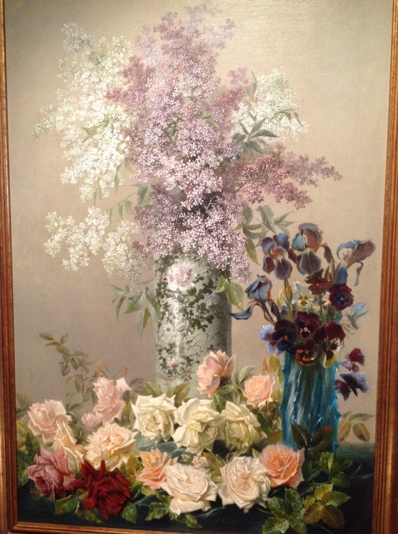 Oil on Board, s.l.c.,J. Codonac, Continental, center  Still life with Vase of Lilac and Small vase of Iris and Pansies. White, Pink and Red Roses on table.

Originally $ 22,000.00

PLEASE CHECK OUT OUR WEB SITE FOR ADDITIONAL SPECIALS