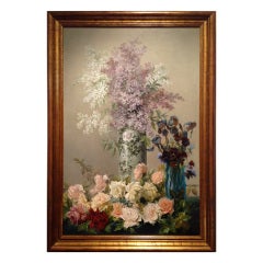 Vintage Painting: Oil on Panel, Still Life w/ Flowers,  Lillies & Roses, 20th century