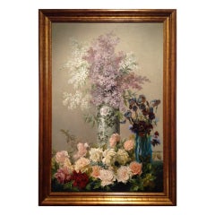 Painting: Oil on Panel, Still Life w/ Flowers,  Lillies 
Roses, 20th century