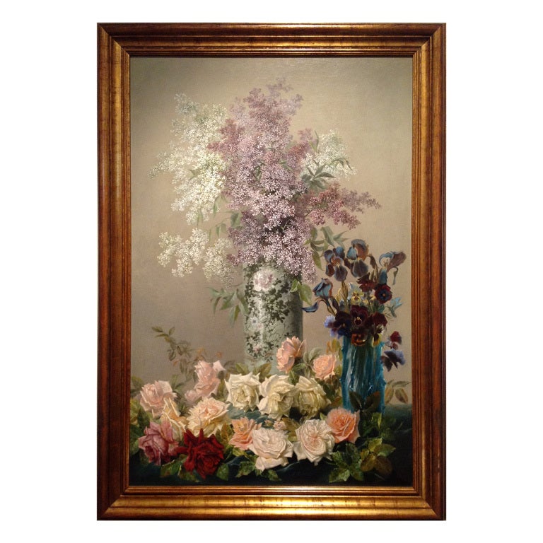Painting: Oil on Panel, Still Life w/ Flowers,  Lillies & Roses, 20th century For Sale