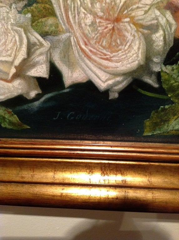 French Painting: Oil on Panel, Still Life w/ Flowers,  Lillies & Roses, 20th century For Sale