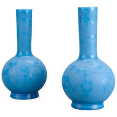 Antique Pair of "Peacock Blue" Sandwiched-Glass Bottle Vases