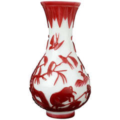 White Glass Bottle Vase with Opaque Red Overlay