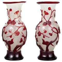 Pair of "Snowflake" Glass Bottle Vases with Red Overlay