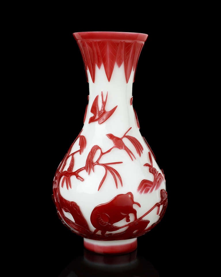 White Glass Bottle Vase with Opaque Red Overlay
