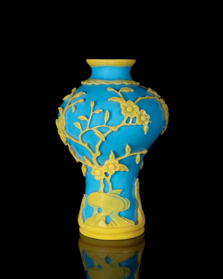 "Peacock Blue" Glass Bottle Vase with Yellow Overlay
