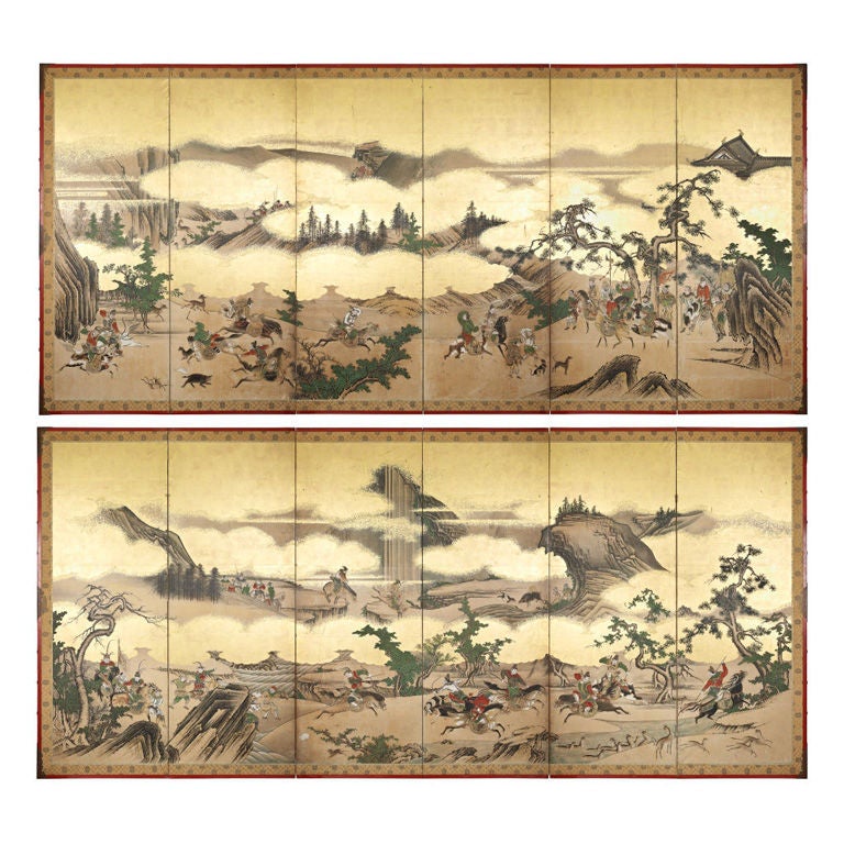 A pair of six-panel Japanese screens (byobu) For Sale
