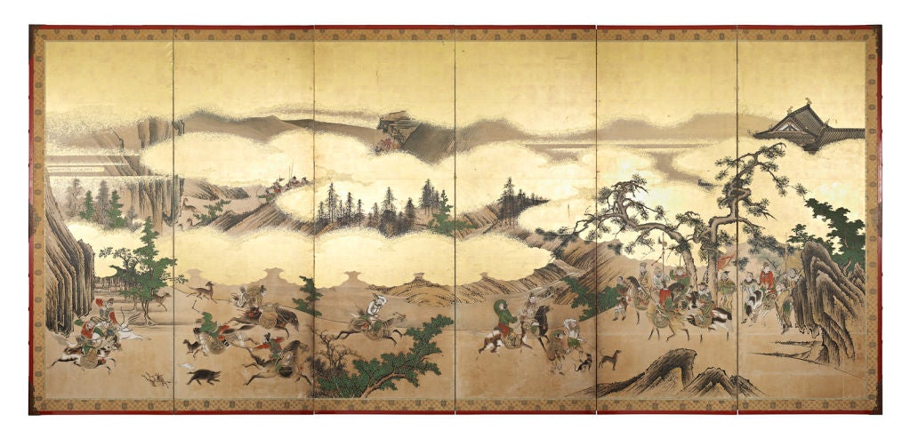 Each screen similarly decorated with a continuous scene of Tartar archers hunting, some on horseback and others on foot accompanied by dogs, charging deers and boars in a mountainous landscape with a pavilion on the left. Sealed on the lower right