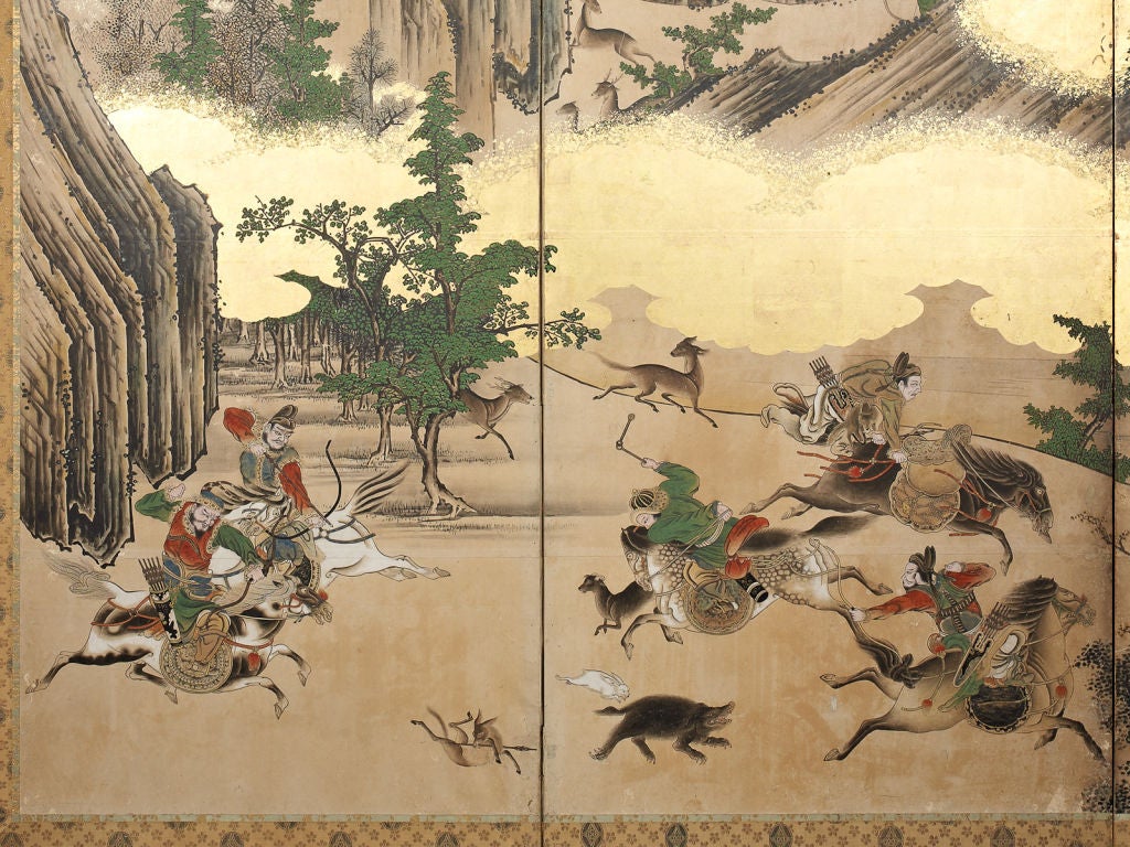 A pair of six-panel Japanese screens (byobu) In Good Condition For Sale In Winter Park, FL