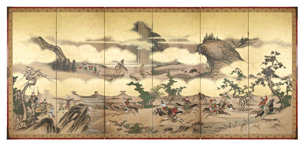 A pair of six-panel Japanese screens (byobu) For Sale 1