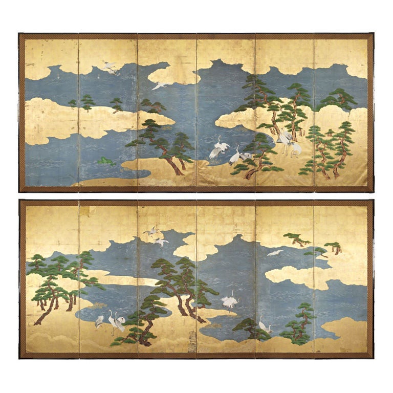 A pair of six-panel Japanese screens (byobu) For Sale