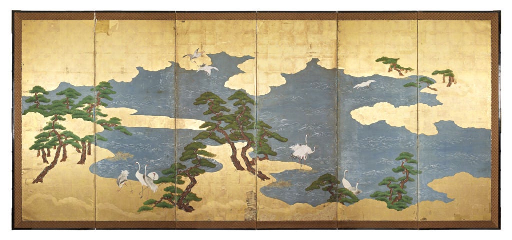 Each screen similarly decorated with a continuous scene depicting flying cranes and others standing along a lake bordered by pine trees.