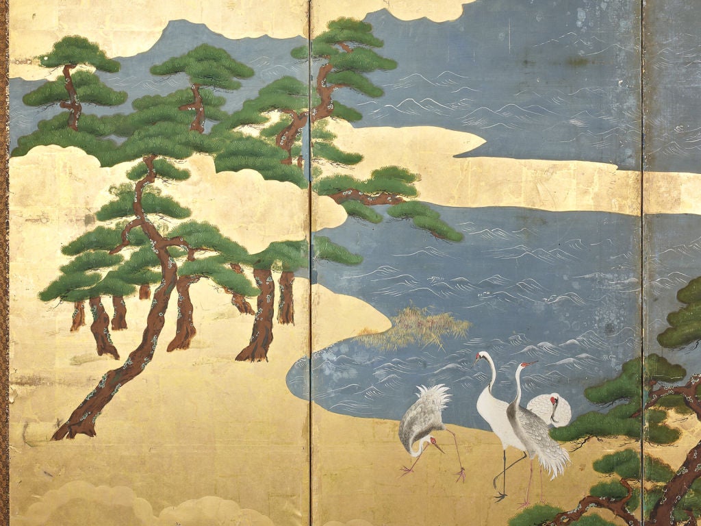 A pair of six-panel Japanese screens (byobu) In Good Condition For Sale In Winter Park, FL