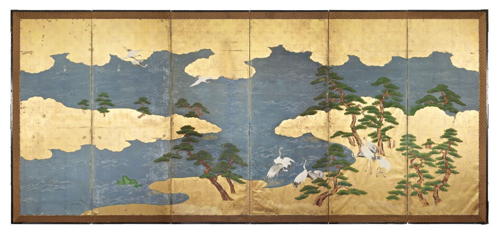 A pair of six-panel Japanese screens (byobu) For Sale 2