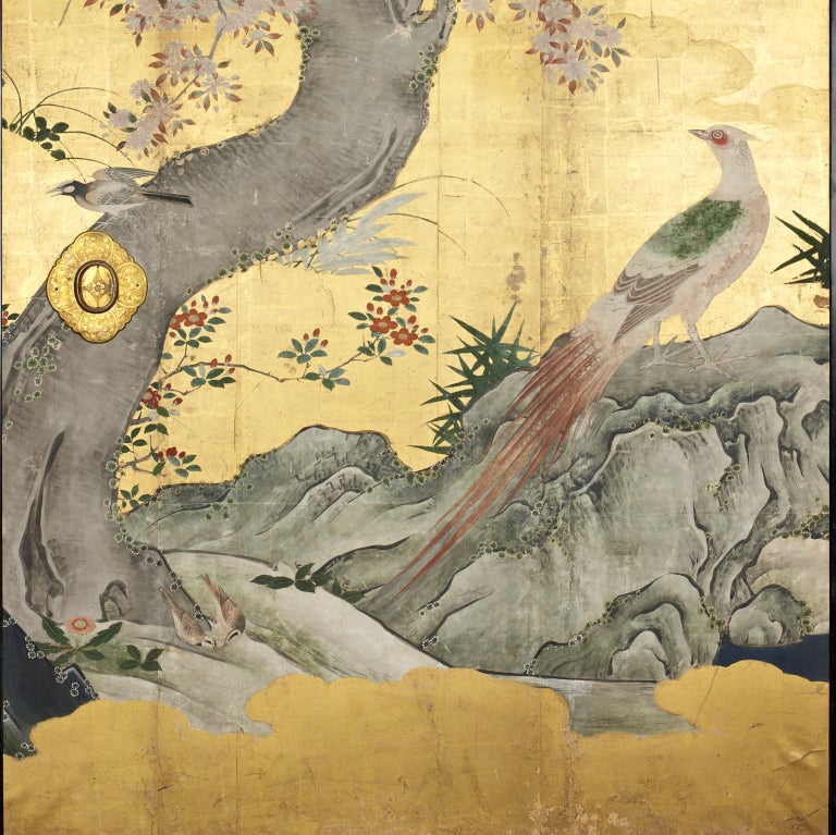 A set of four fusuma panels, ink, colors, and gold on paper; depicting geese beside a stream with a willow tree, dianthus, cockscomb, bellflower, peonies, and other plants at right, and a pair of peacocks posed with other flowers beneath a