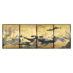 A set of four panels depicting birds and flowers