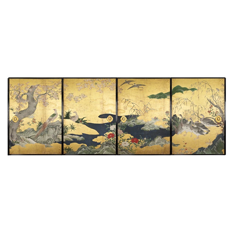 A set of four panels depicting birds and flowers For Sale