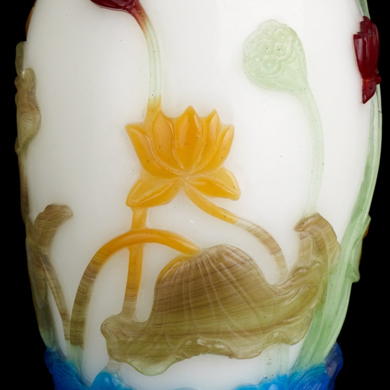 Chinese Multicolor-Overlay on White Glass Vase