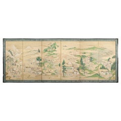 A six panel Japanese screen depicting scenes of rural life