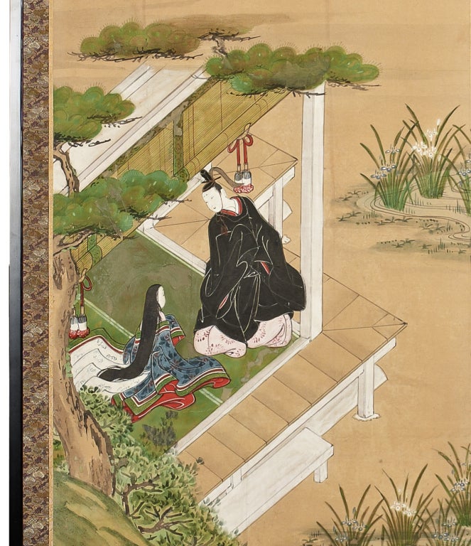 A medium-size six panel screen decorated with scenes from the famous Japanese novel The Tale of Genji written by Lady Murasaki in the 11th century, depicting from left to right, a man standing by a seated woman in pavilion; a lady seated in a