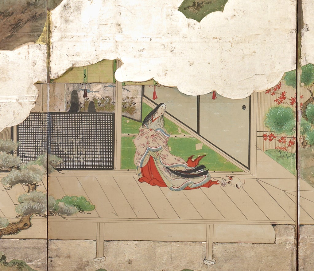 A large six panel screen decorated with scenes from the famous Japanese novel The Tale of Genji written by Lady Murasaki in the 11th century, depicting from right a couple on the veranda of a villa, the man reading aloud from a book; at center an