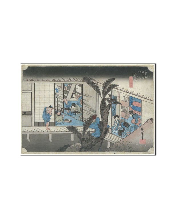 From the series, Fifty-Three Stations of the Tokaido; a bustling inn in Akasaka. The image gives a detailed view of a series of rooms with sliding doors; on the left a samurai taking his ease; on the right three girls are applying makeup in front of