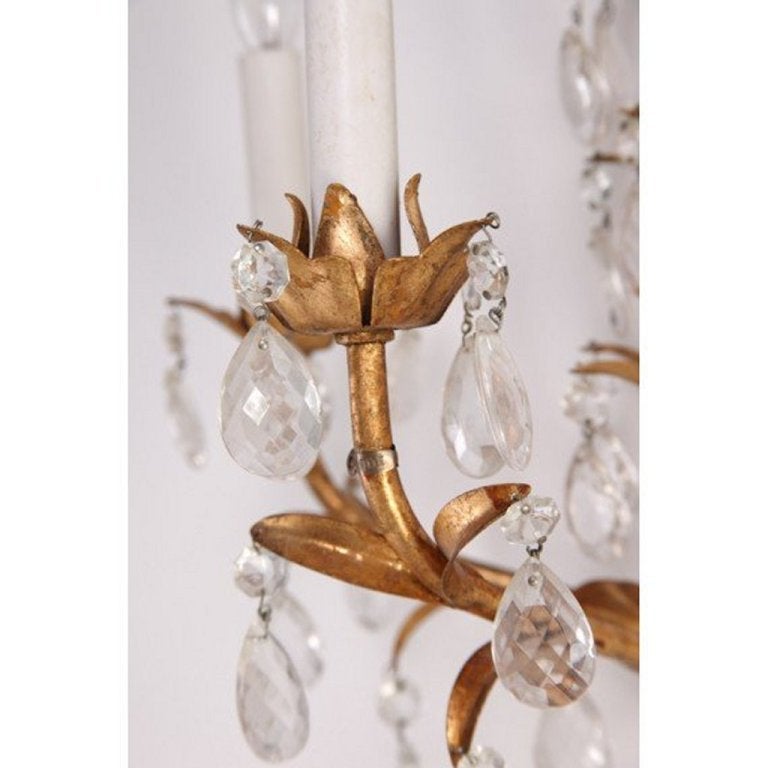 20th Century Pair of Italian Mid Century Gilded Crystal Lighted Wall Sconces For Sale