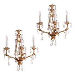 Pair of Italian Mid Century Gilded Crystal Lighted Wall Sconces