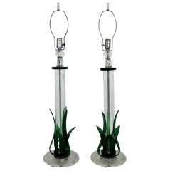 Pair of 1940s Mid Century Lucite and Glass Table Lamps