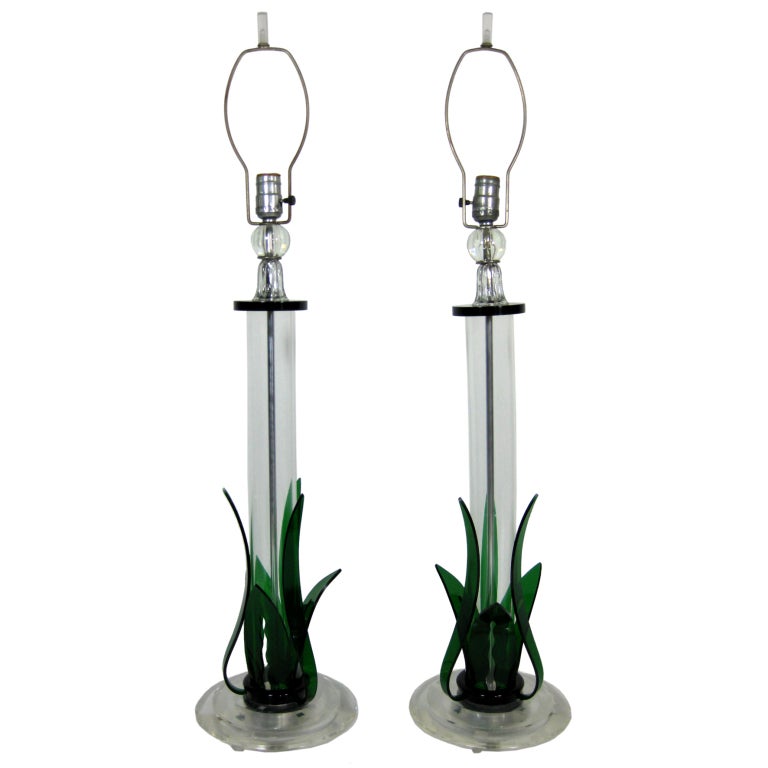 Pair of 1940s Mid Century Lucite and Glass Table Lamps For Sale