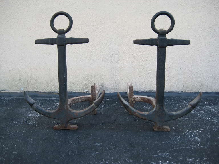 Rustic charm nautical anchor andirons. Original Condition.
