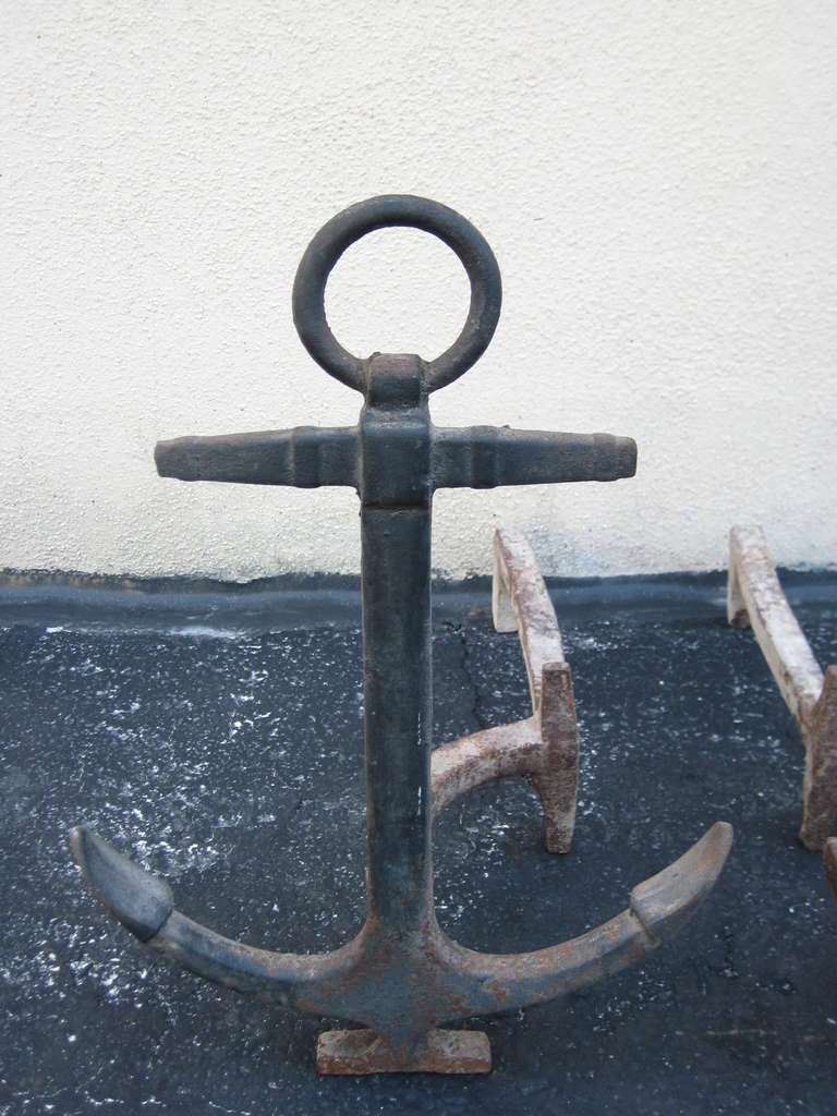 American 19th Century Rustic Antique Anchor Andirons